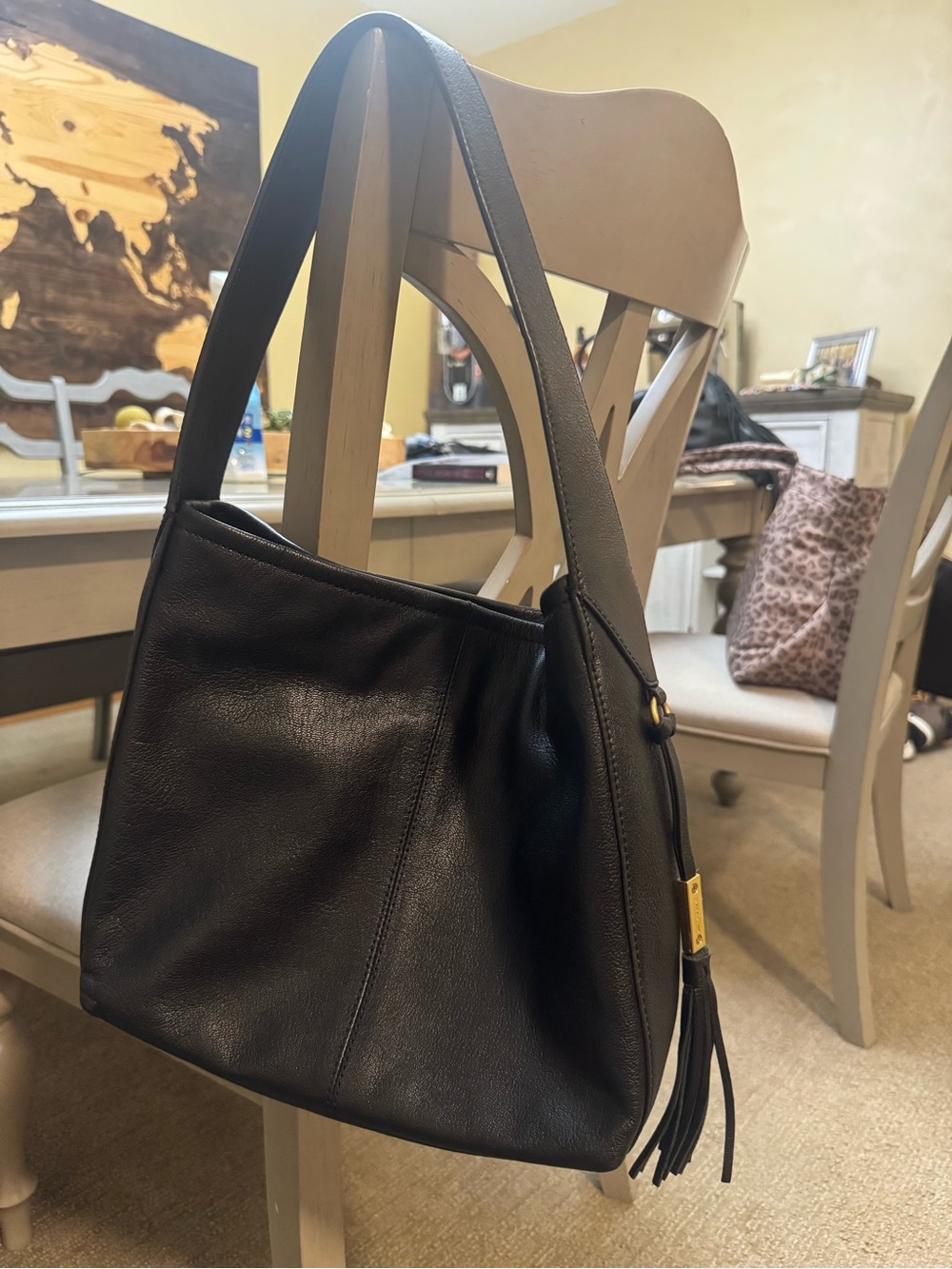 Classic Vince Camuto Minimalist Black Leather Shoulder Bag with Tassel EUC
